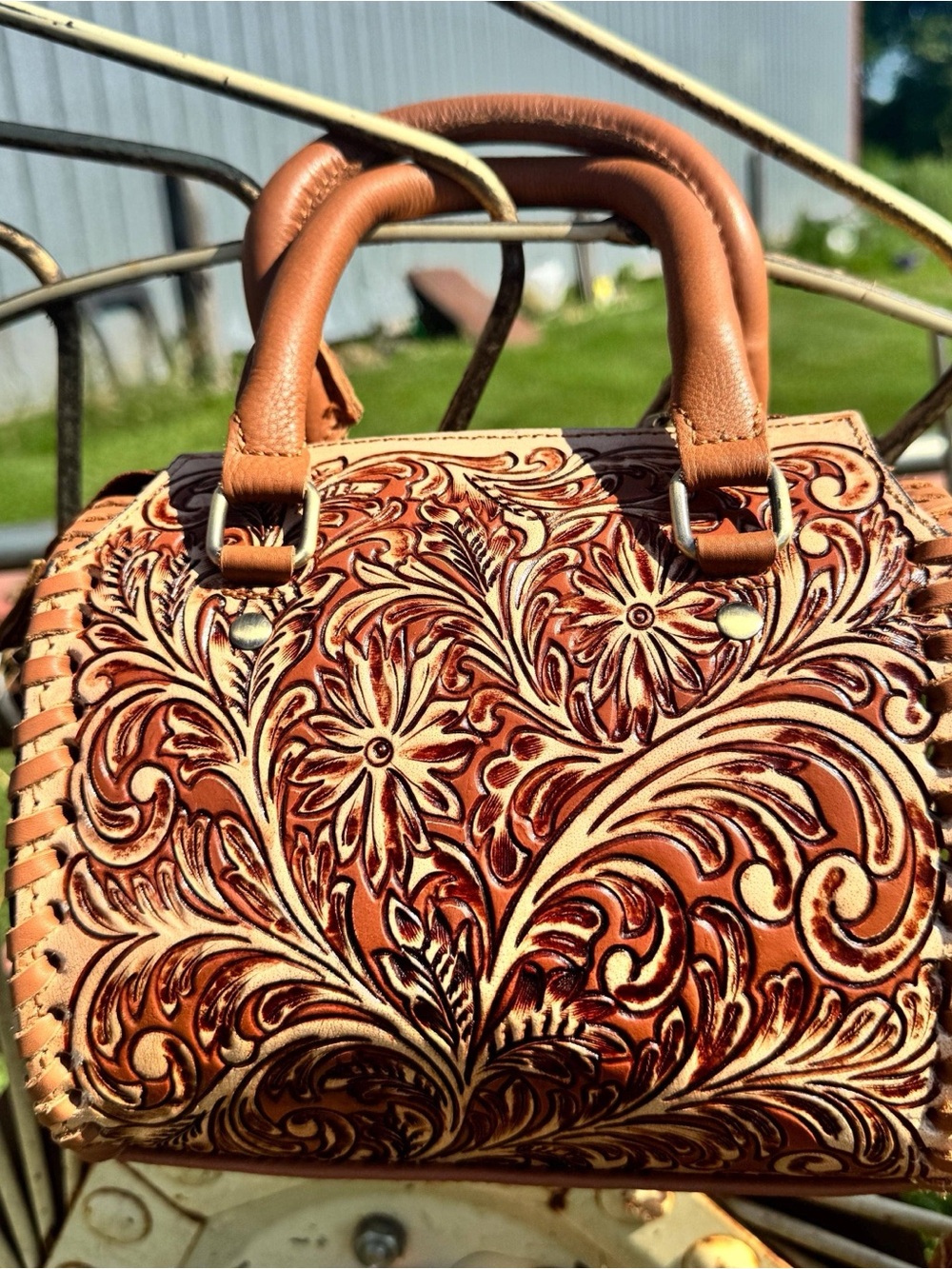 Women’s Tooled Leather Satchel Bag in Tan